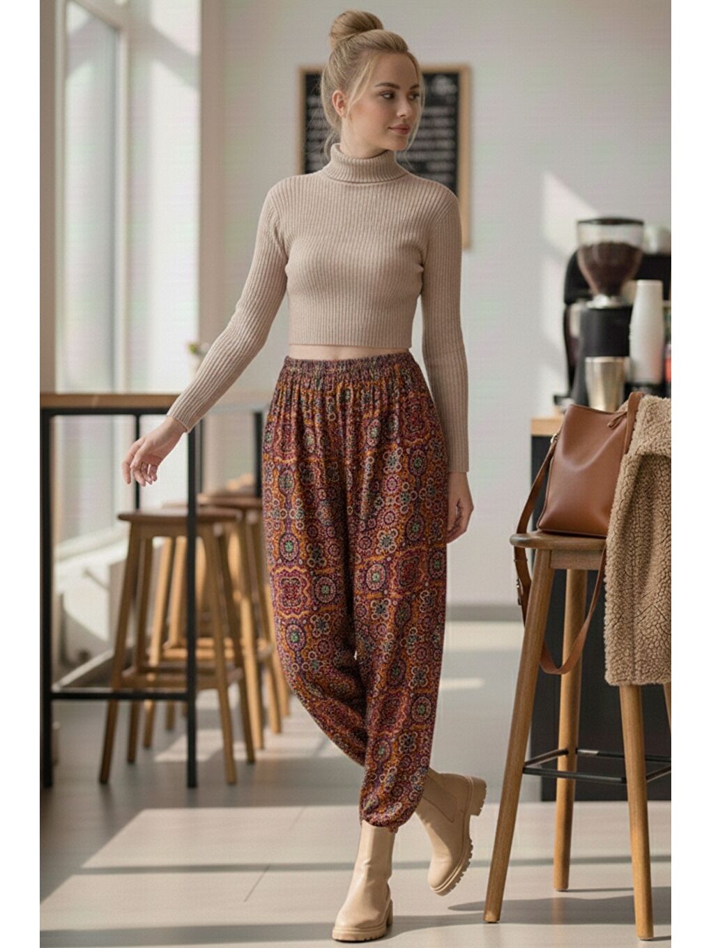 Kahverengi Kiremit Rengi Etnik Desenli Allover Baskılı Lastikli Bel Şalvar Paça Dokuma Şalvar Pantolon 105 65-5