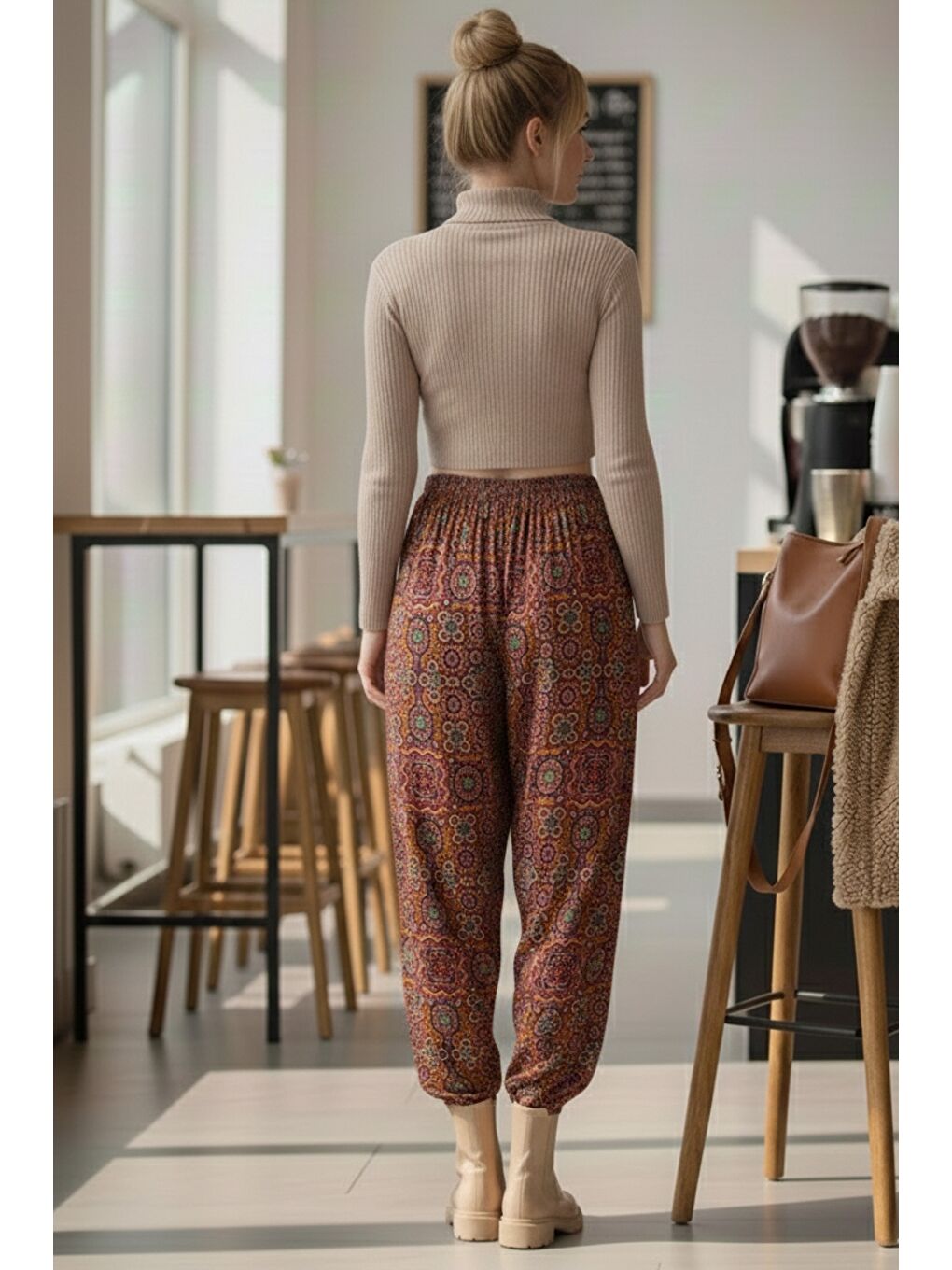 Kahverengi Kiremit Rengi Etnik Desenli Allover Baskılı Lastikli Bel Şalvar Paça Dokuma Şalvar Pantolon 105 65-6