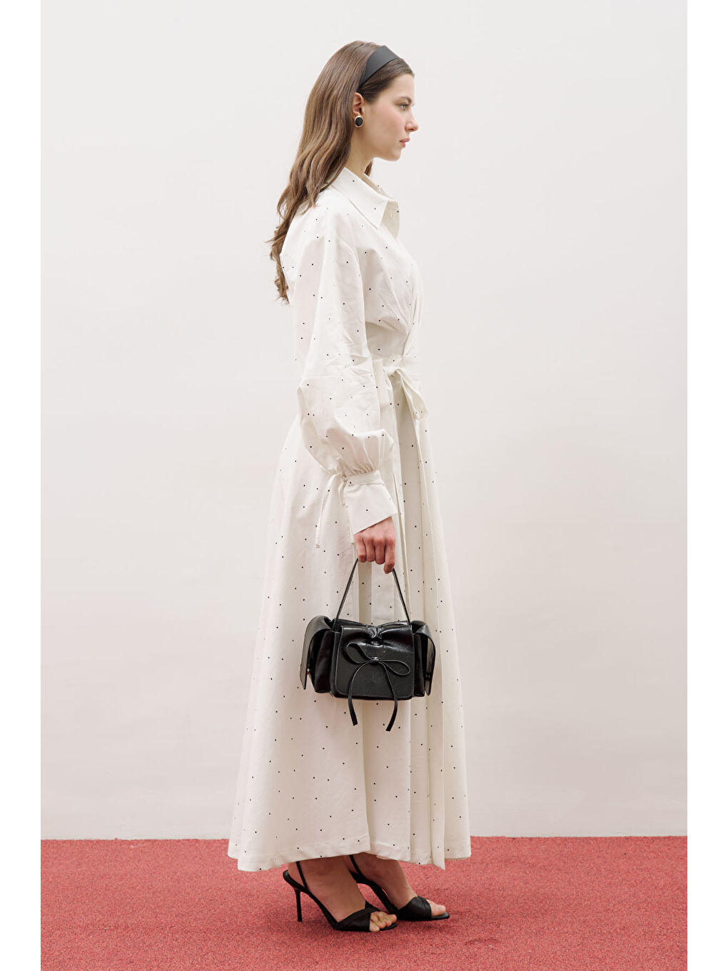 Beyaz Enya Pileli Gömlek Elbise Puantiye-3