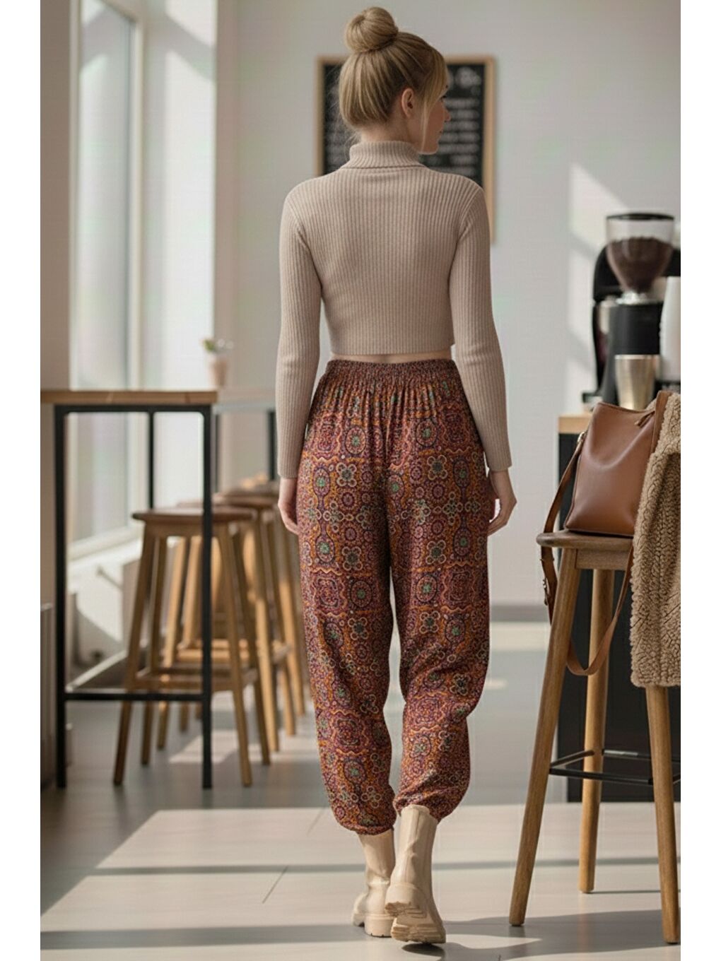 Kahverengi Kiremit Rengi Etnik Desenli Allover Baskılı Lastikli Bel Şalvar Paça Dokuma Şalvar Pantolon 105 65-7