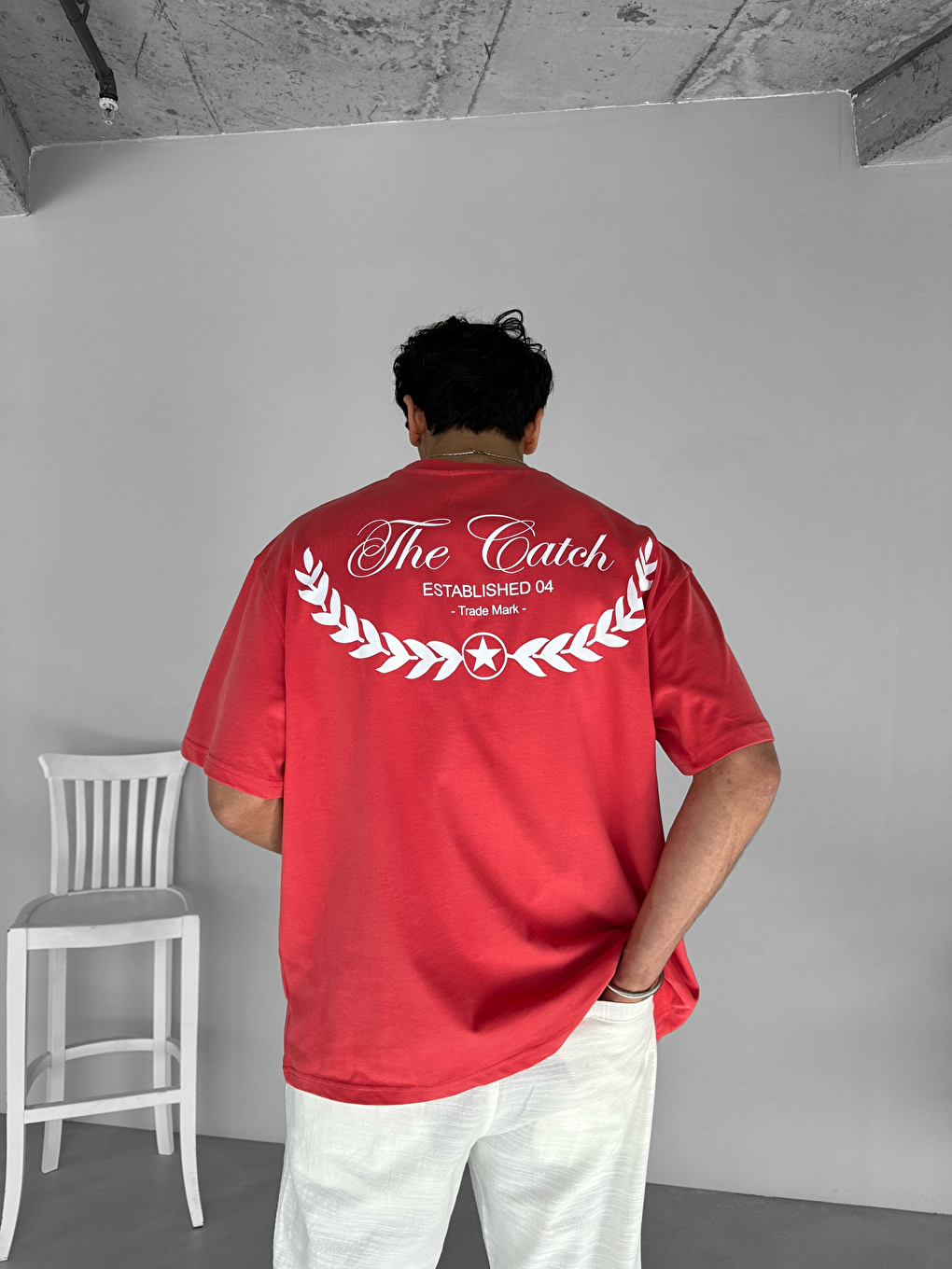 Kırmızı Erkek Oversize Tişört %100 Pamuk Dokulu Kalın Bisiklet Yaka Nar Çiçeği-1