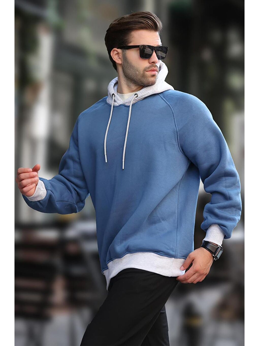 İndigo Renk Bloklu Kapüşonlu Sweatshirt 7073