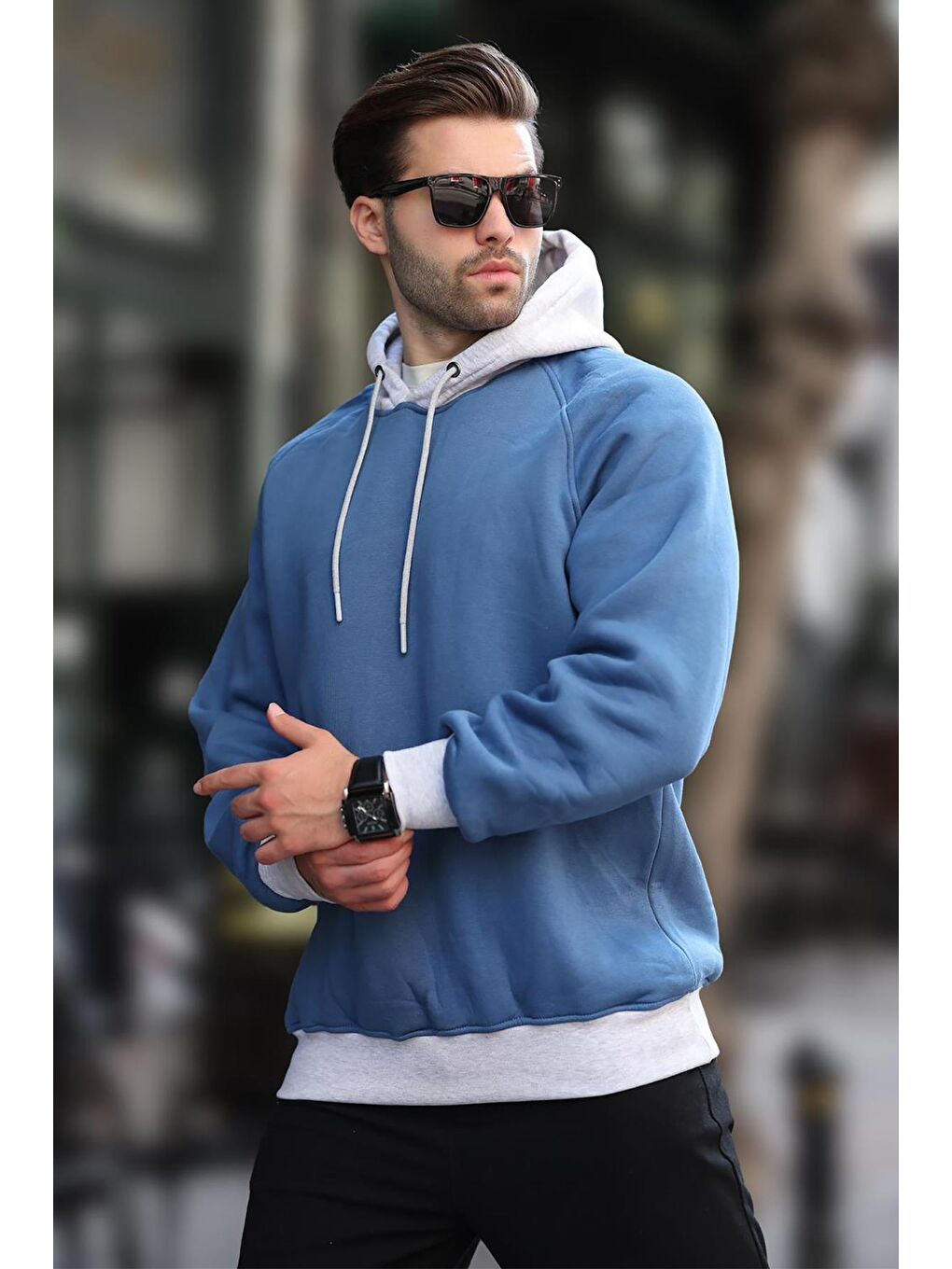 İndigo Renk Bloklu Kapüşonlu Sweatshirt 7073-1