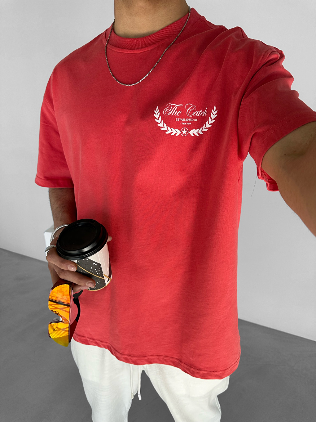 Kırmızı Erkek Oversize Tişört %100 Pamuk Dokulu Kalın Bisiklet Yaka Nar Çiçeği-2