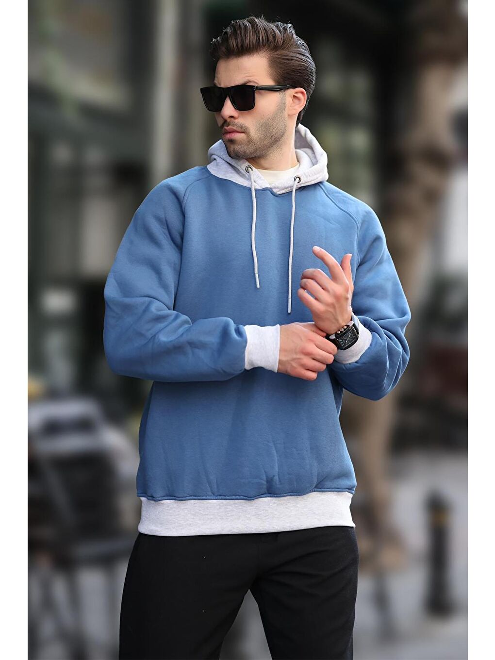 İndigo Renk Bloklu Kapüşonlu Sweatshirt 7073-2