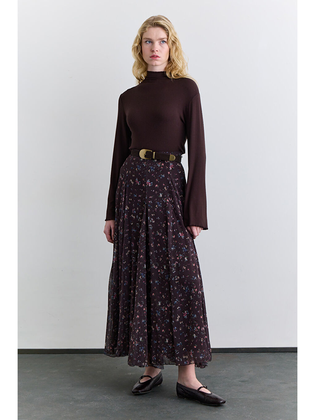 Mürdüm Geniş Parçalı Desenli Etek Dıtsy-2