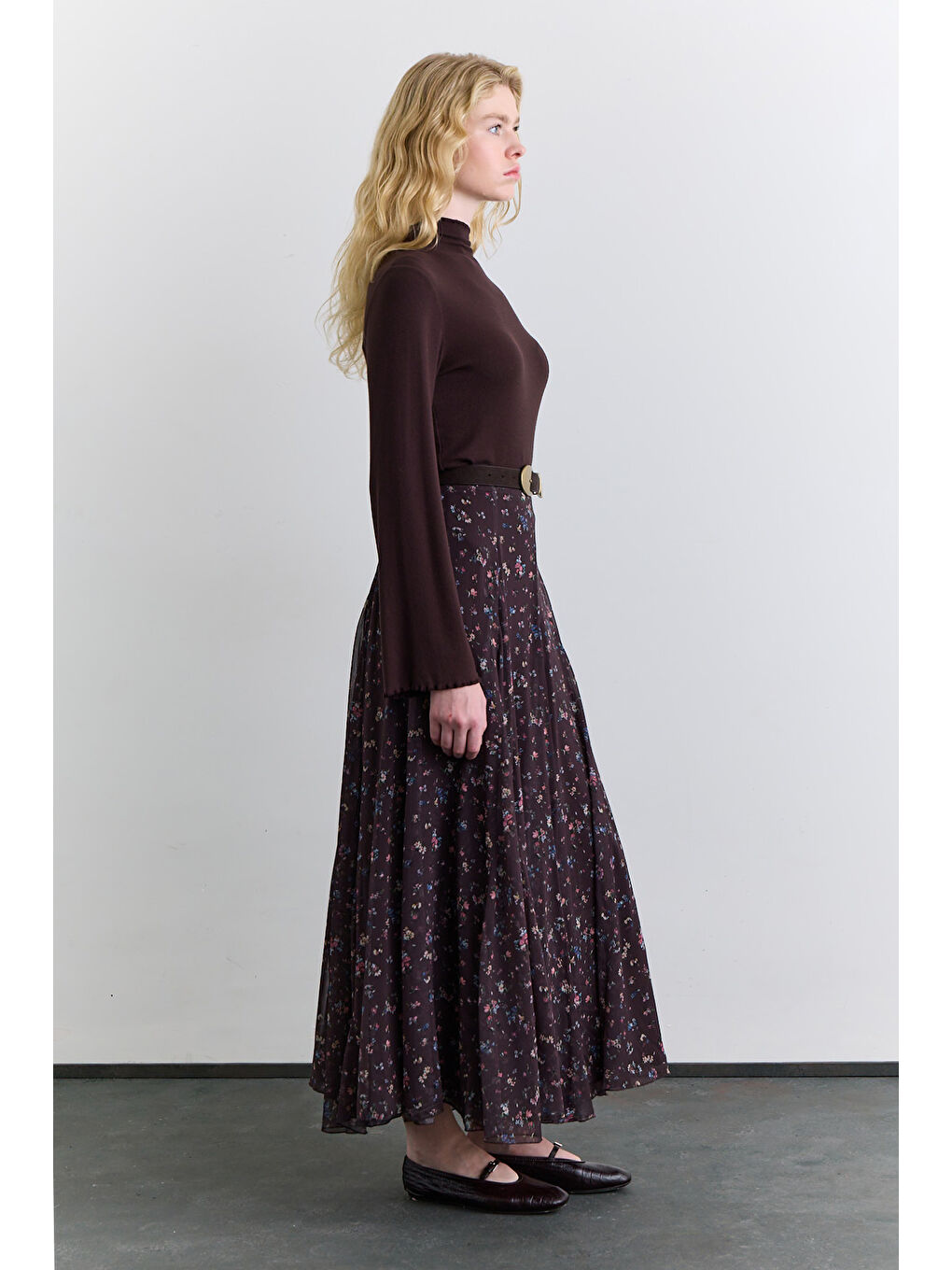 Mürdüm Geniş Parçalı Desenli Etek Dıtsy-3