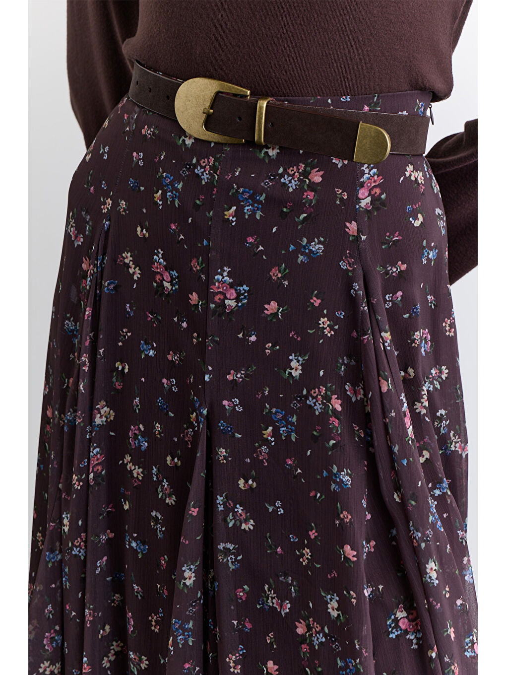 Mürdüm Geniş Parçalı Desenli Etek Dıtsy-4