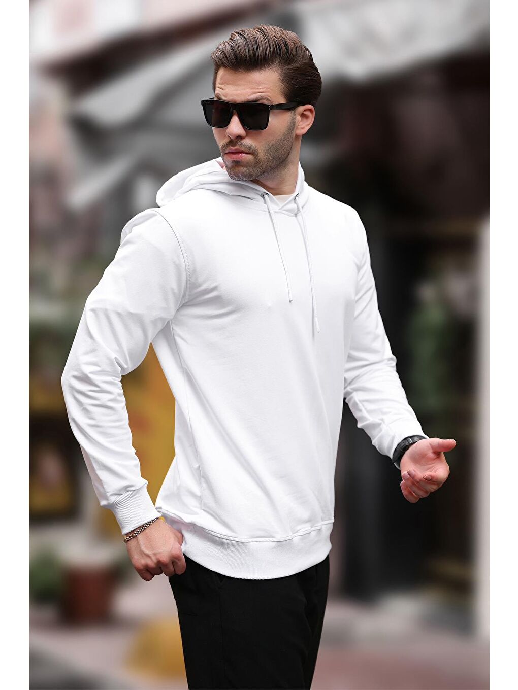 Beyaz Kapüşonlu Erkek Sweatshirt 7069