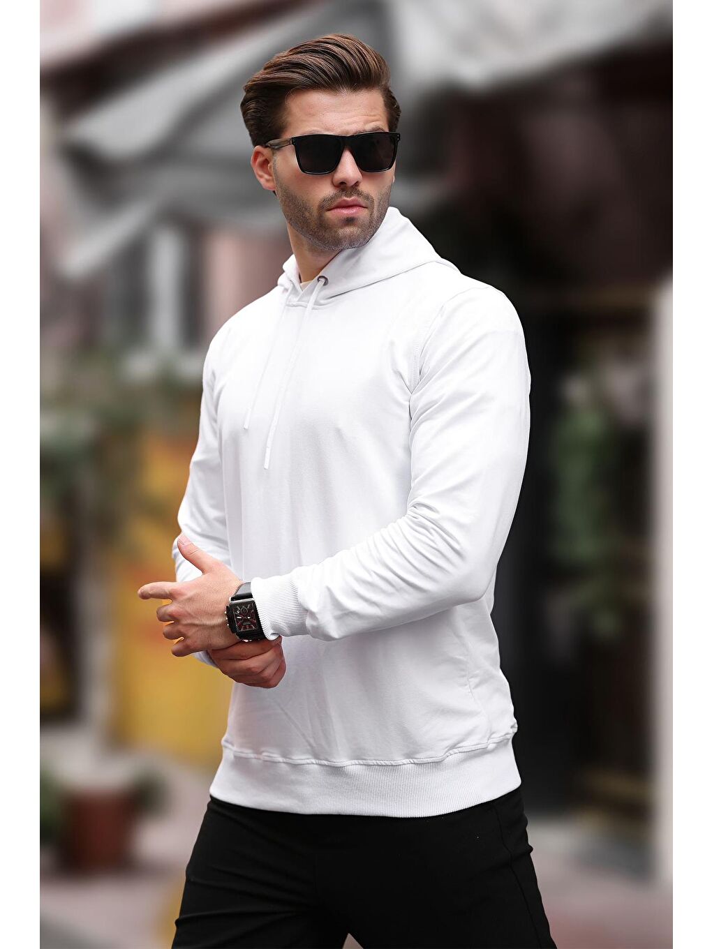 Beyaz Kapüşonlu Erkek Sweatshirt 7069-1