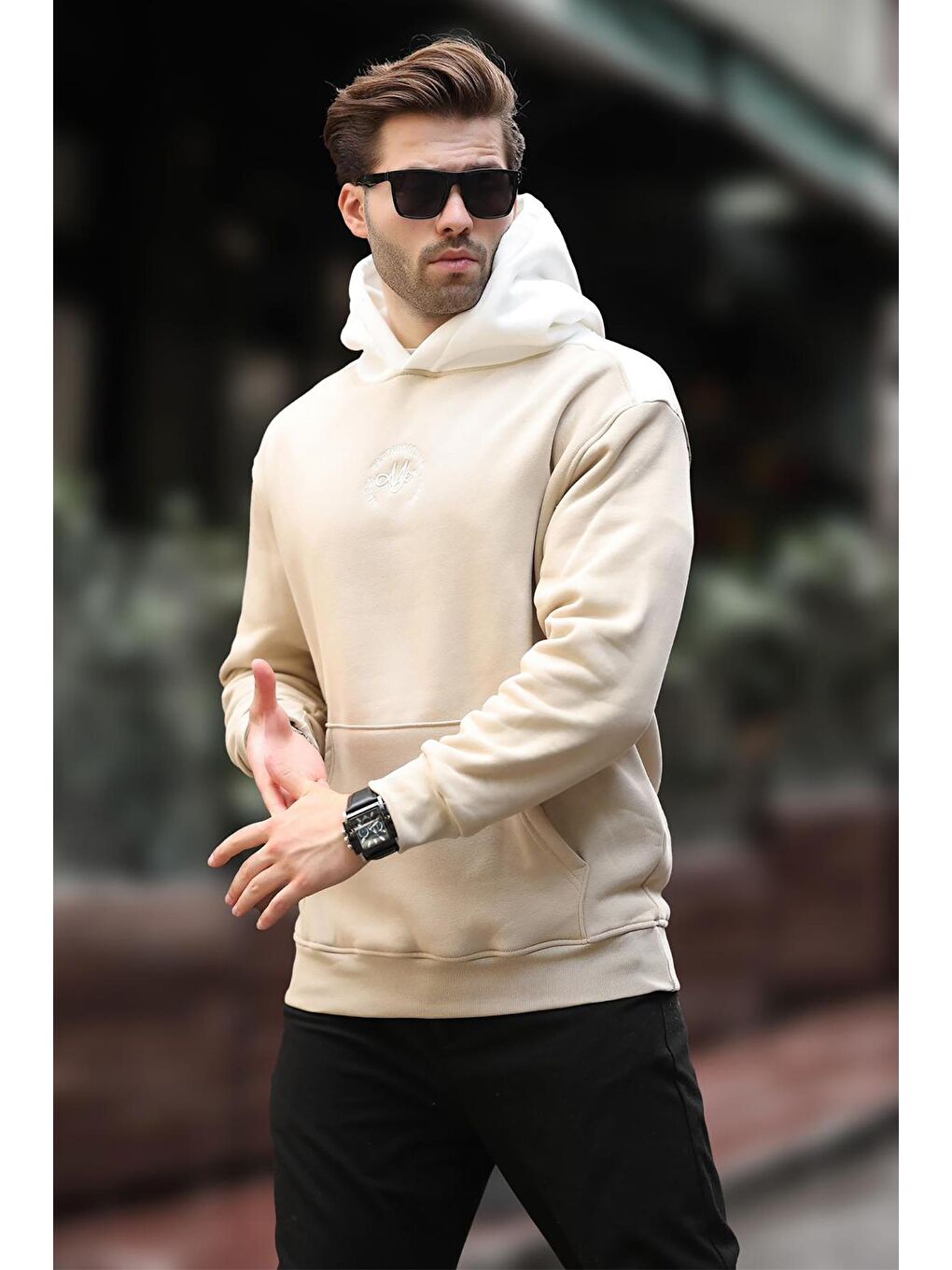 Bej Kapüşonlu Renk Bloklu Nakış Detaylı Erkek Sweatshirt 7088