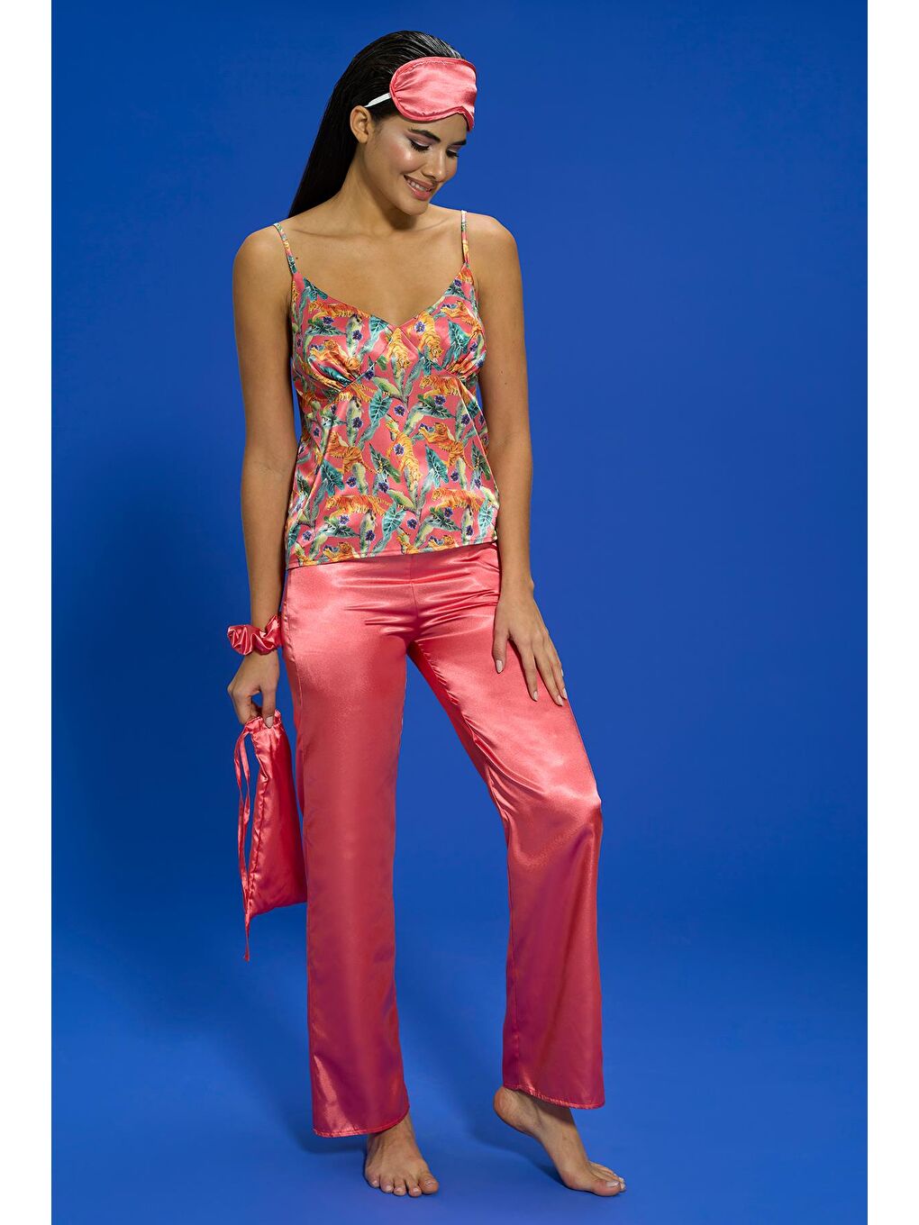 Pembe 6'Lı Kaplan Desen Nar Çiceği Pijama Takımı-5