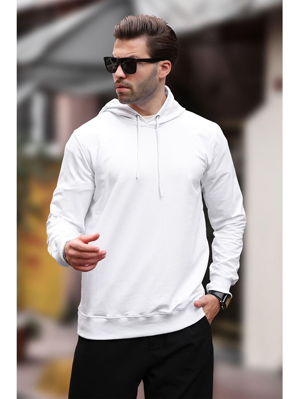 Beyaz Kapüşonlu Erkek Sweatshirt 7069-2