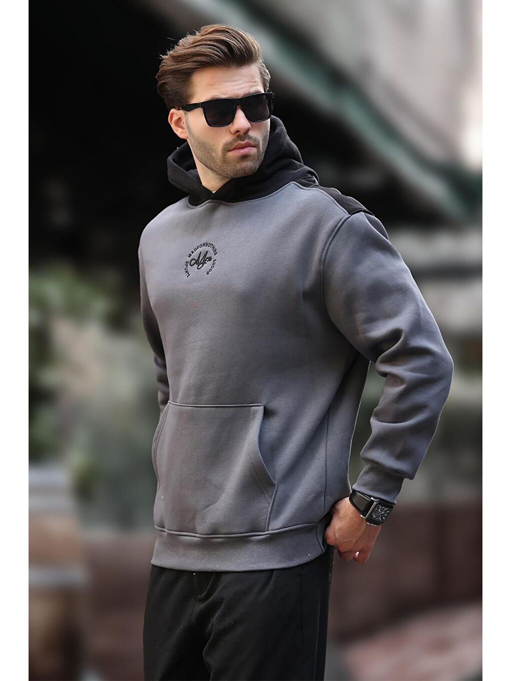 Gri Füme Kapüşonlu Renk Bloklu Nakış Detaylı Erkek Sweatshirt 7088-2