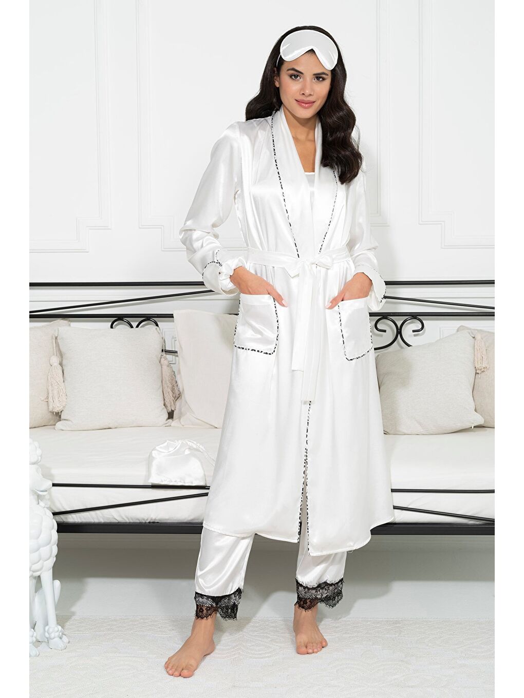 6'Lı Dantel Detaylı Sabahlıklı Ekru Pijama Takım-5