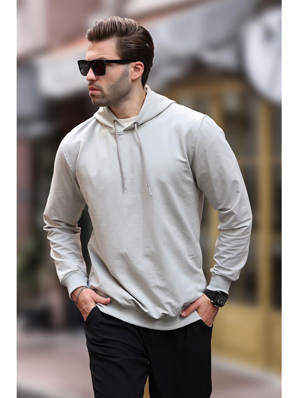 Boyalı Gri Kapüşonlu Erkek Sweatshirt 7069