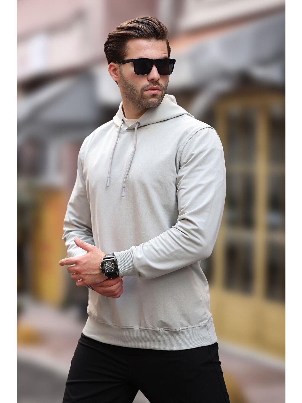 Boyalı Gri Kapüşonlu Erkek Sweatshirt 7069-1