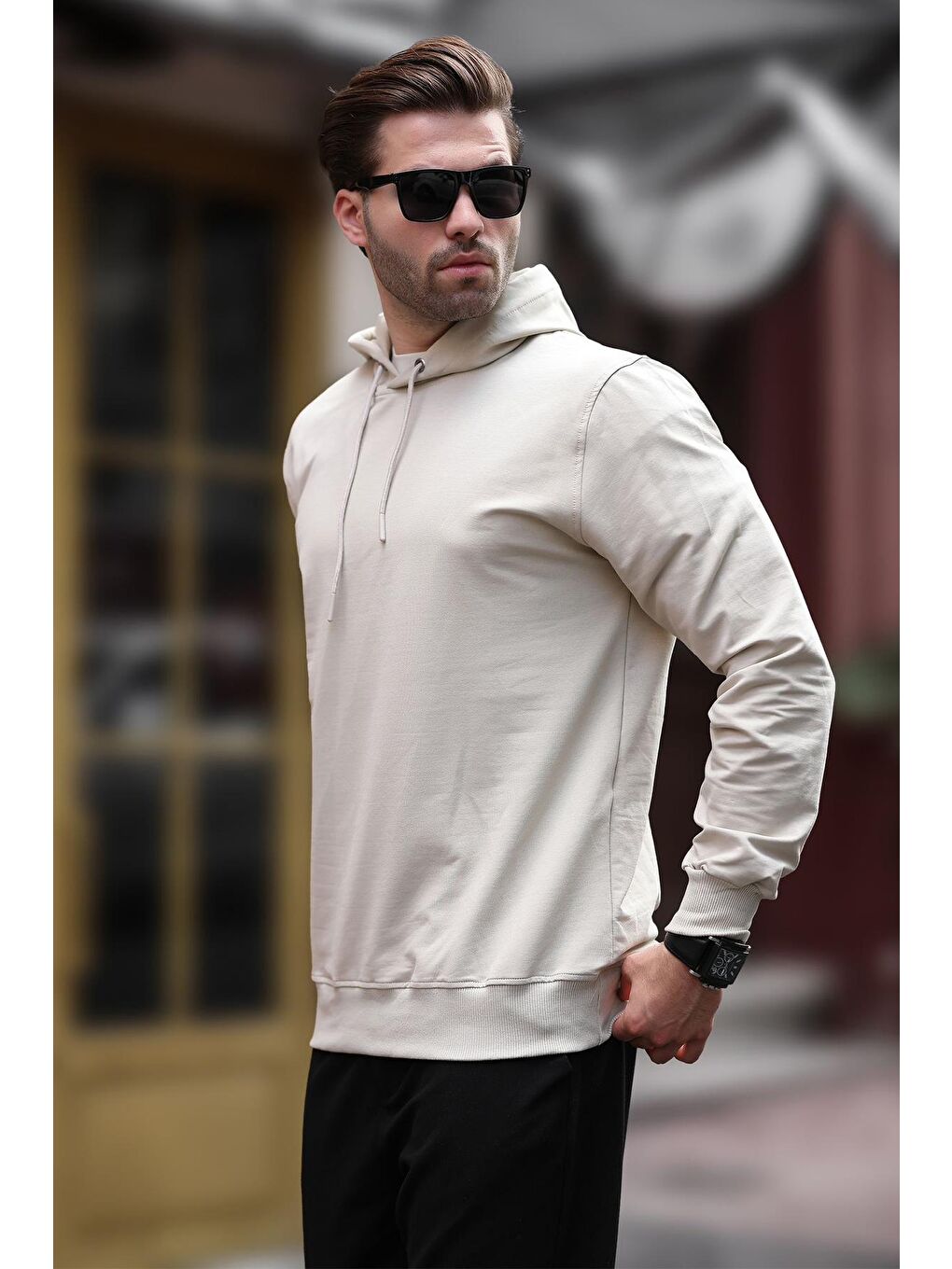 Bej Kapüşonlu Erkek Sweatshirt 7069-1