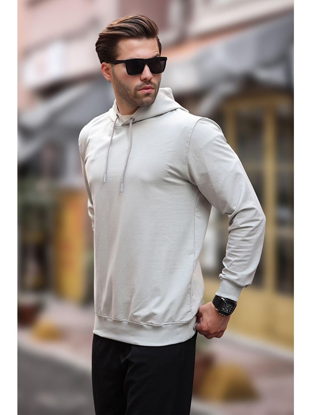 Boyalı Gri Kapüşonlu Erkek Sweatshirt 7069-2
