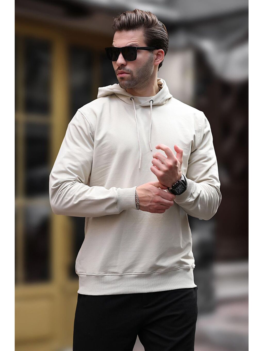 Bej Kapüşonlu Erkek Sweatshirt 7069-2