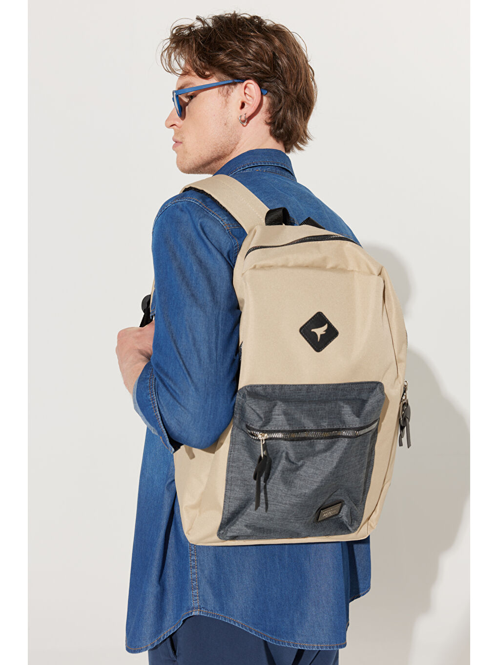 Bej Erkek Vizon-Antrasti Logolu Okul-Sırt Çantası-3