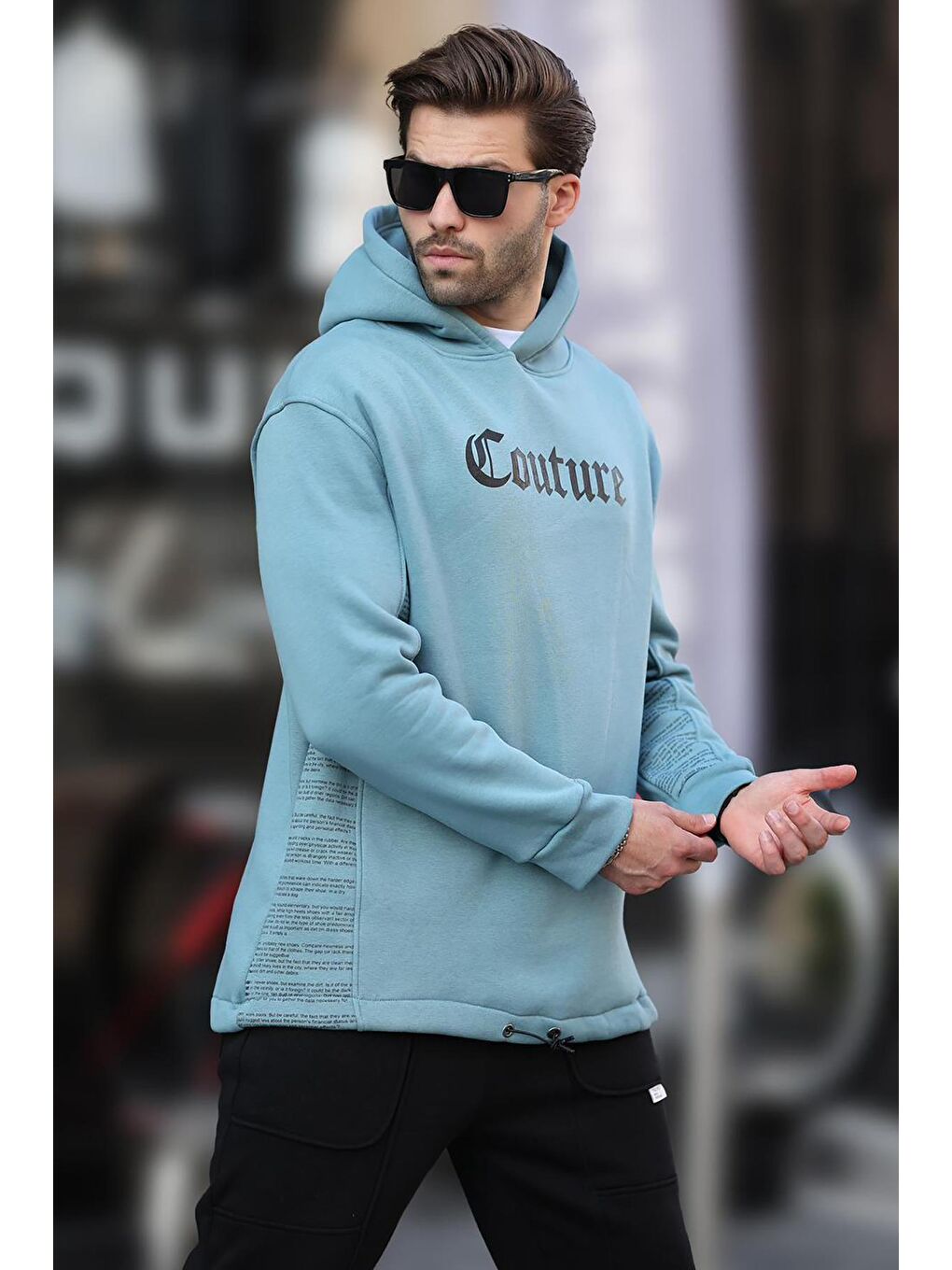 Mavi Kapüşonlu Baskılı Erkek Sweatshirt 7090