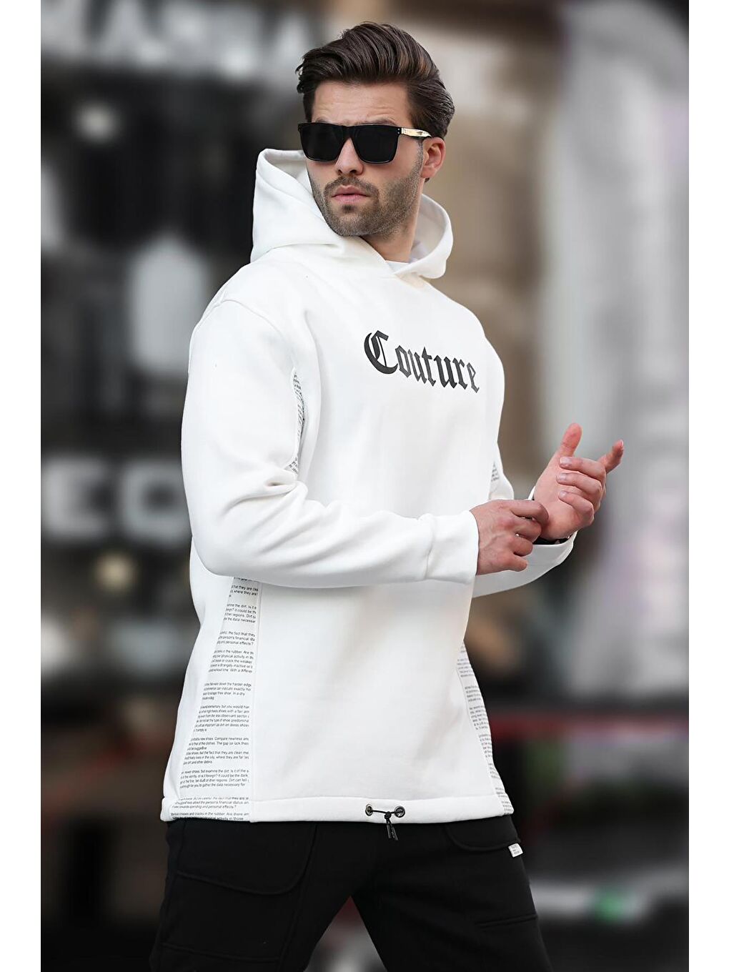 Ekru Kapüşonlu Baskılı Erkek Sweatshirt 7090-1