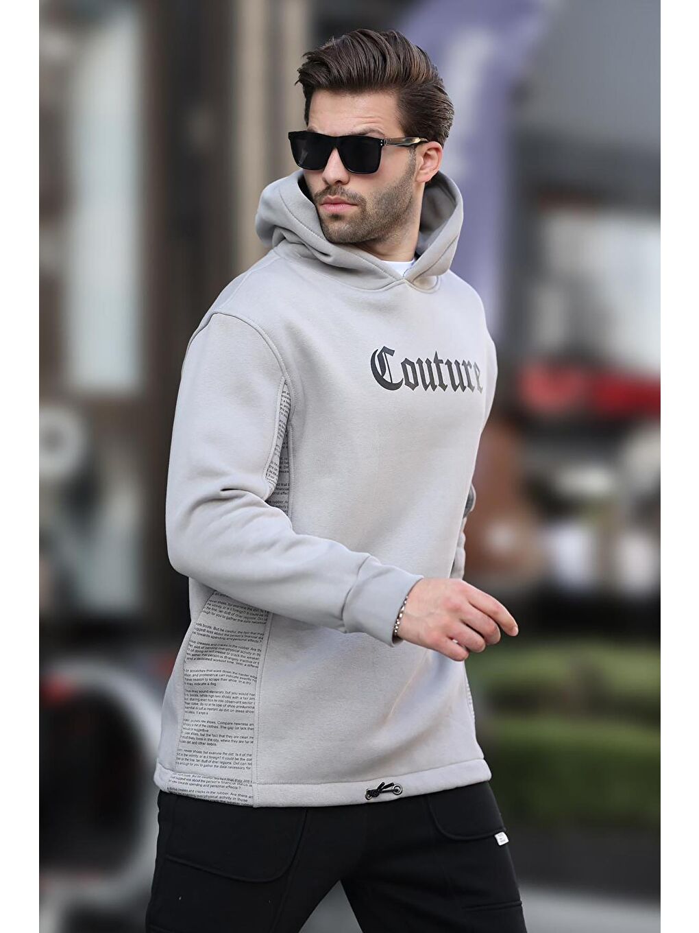 Boyalı Gri Kapüşonlu Baskılı Erkek Sweatshirt 7090-1