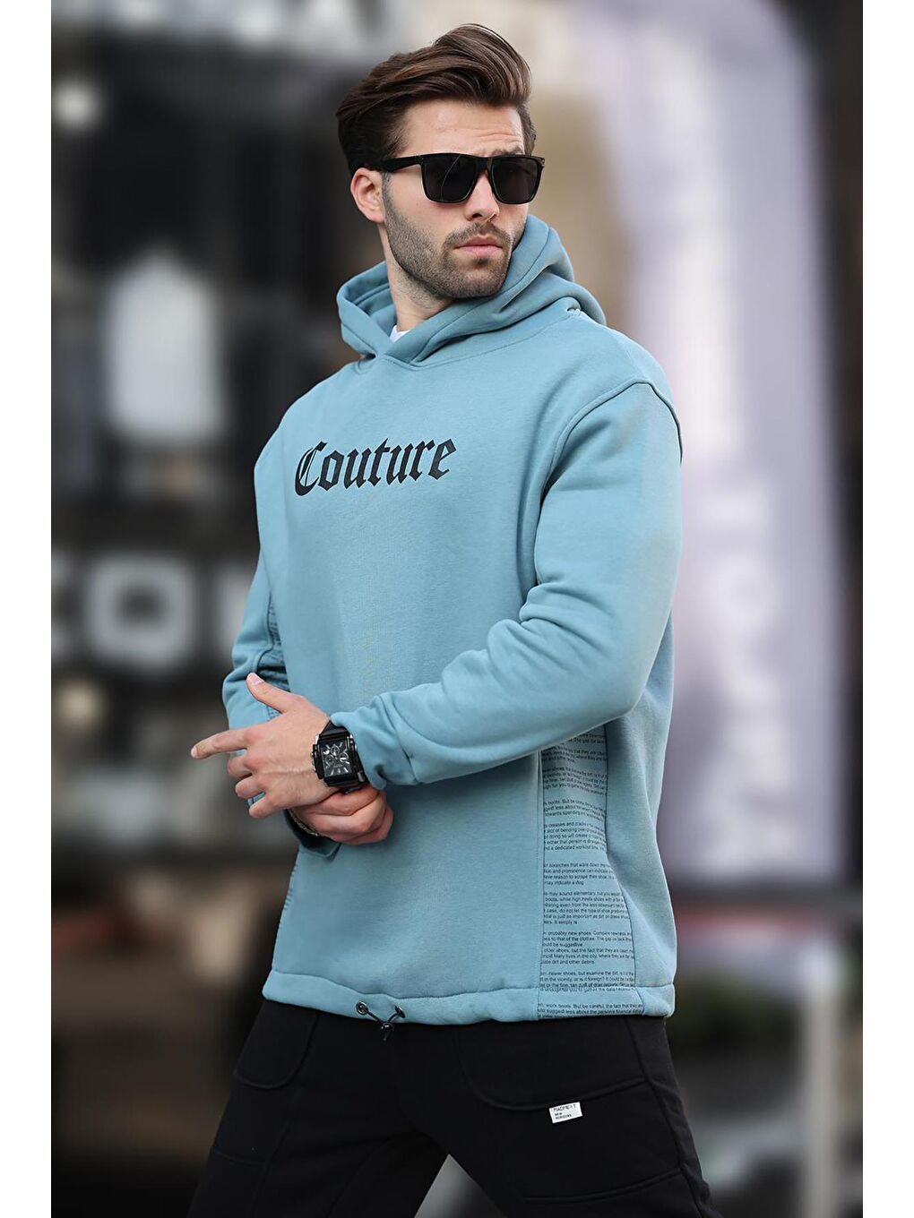 Mavi Kapüşonlu Baskılı Erkek Sweatshirt 7090-1