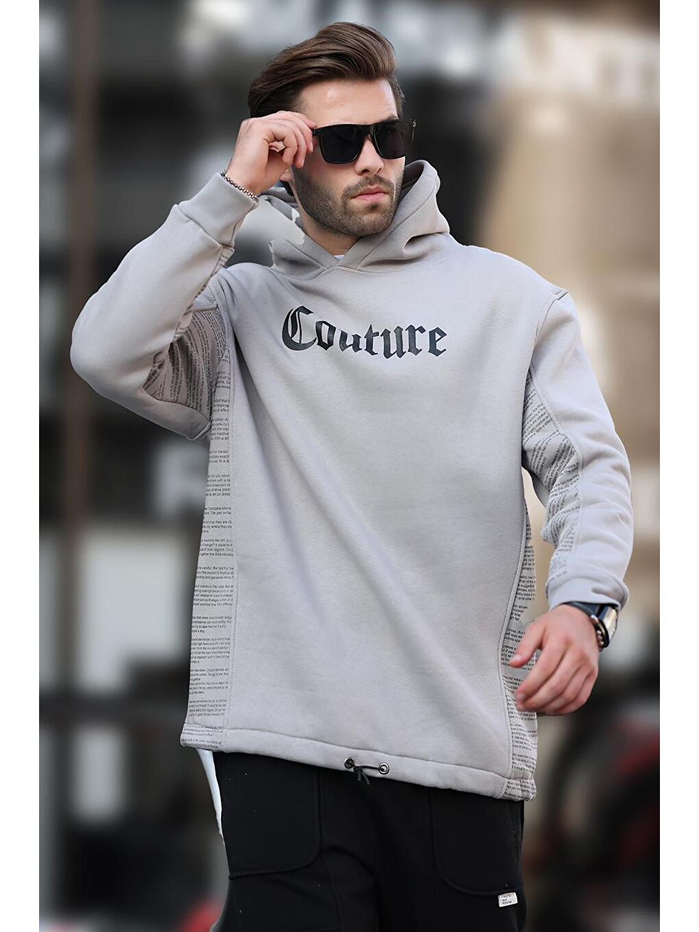 Boyalı Gri Kapüşonlu Baskılı Erkek Sweatshirt 7090-2
