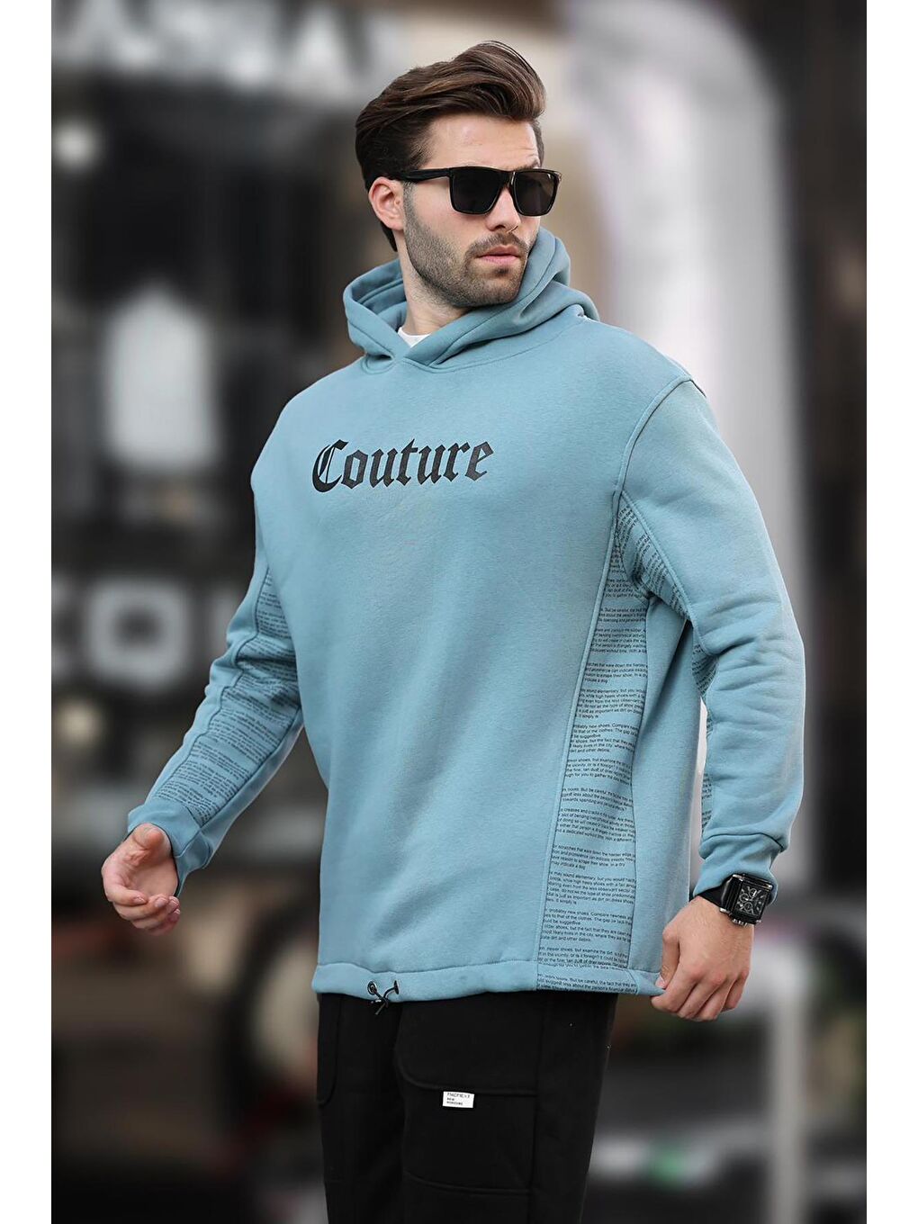 Mavi Kapüşonlu Baskılı Erkek Sweatshirt 7090-2