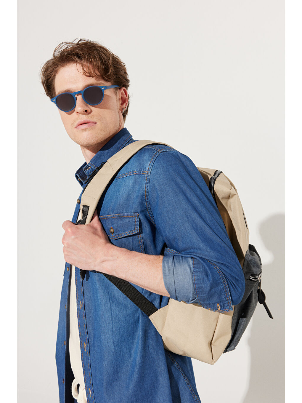 Bej Erkek Vizon-Antrasti Logolu Okul-Sırt Çantası-8