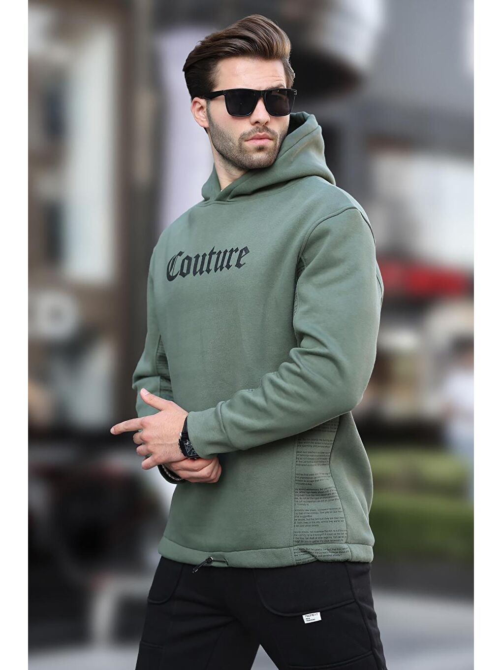 Haki Kapüşonlu Baskılı Erkek Sweatshirt 7090-2