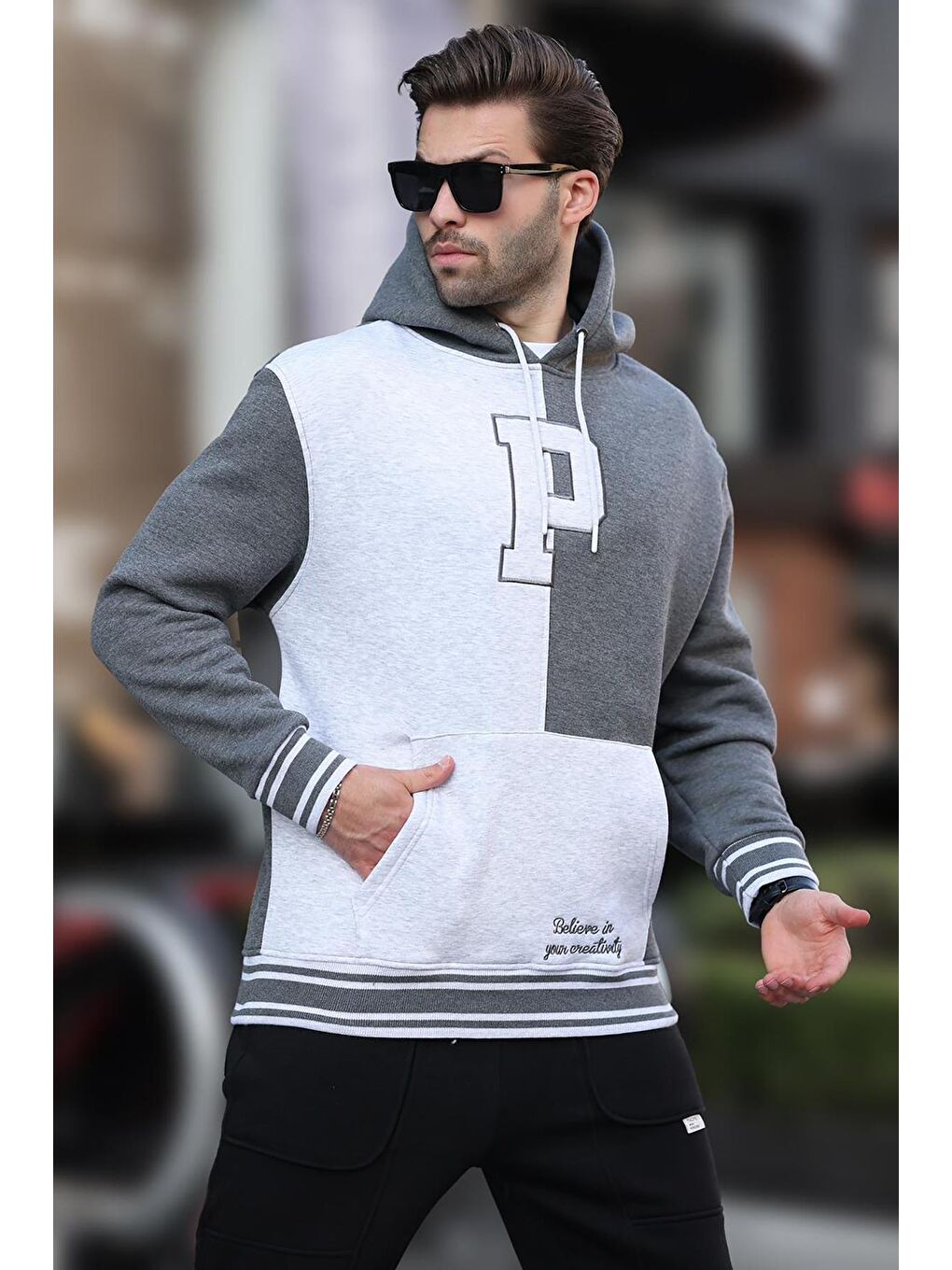 Antrasit Renk Bloklu Kapüşonlu Baskılı Erkek Sweatshirt 7078-1