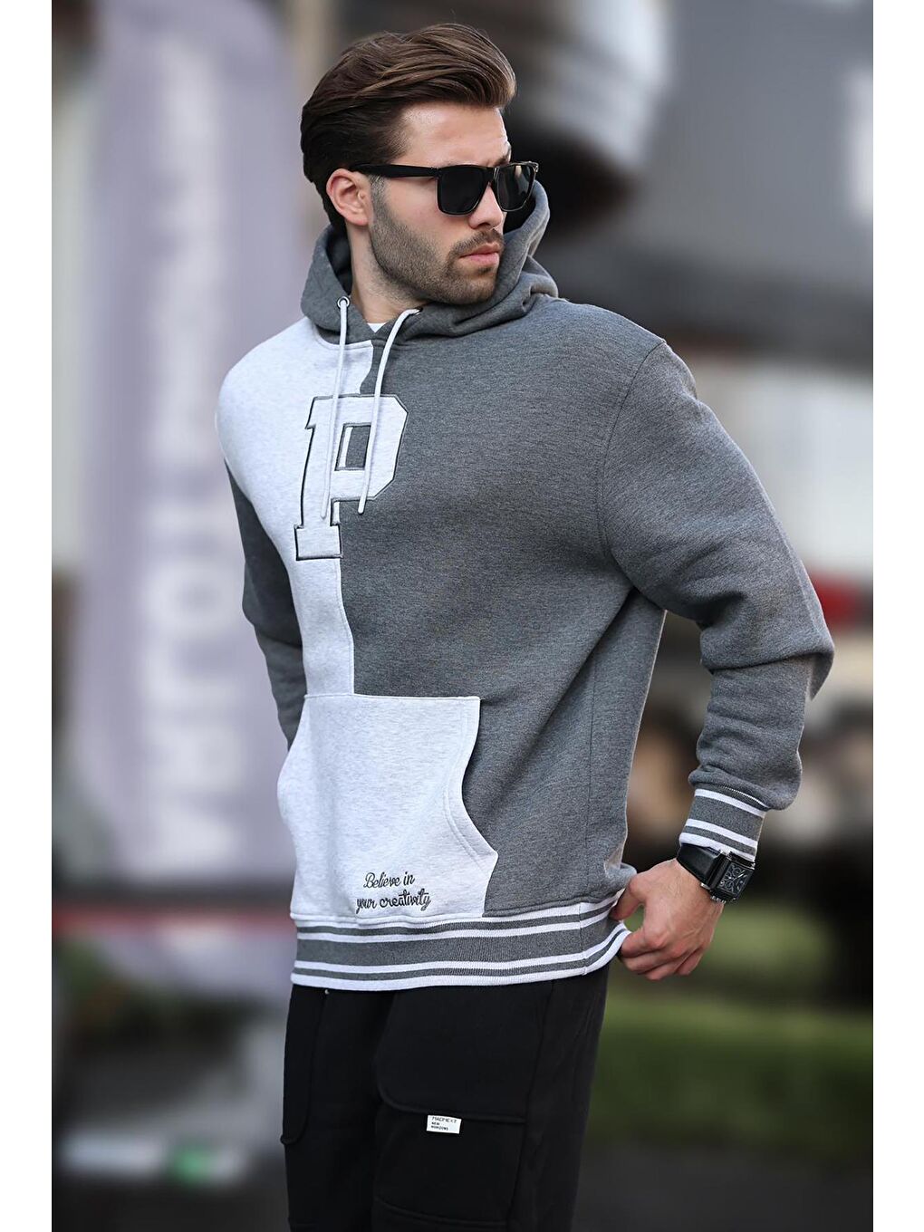 Antrasit Renk Bloklu Kapüşonlu Baskılı Erkek Sweatshirt 7078-2