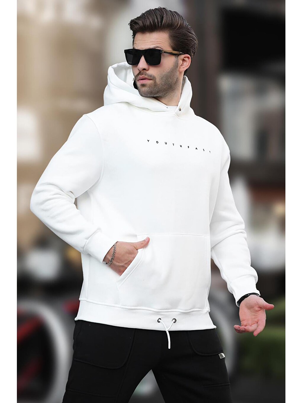 Ekru Kapüşonlu Baskılı Erkek Sweatshirt 7077
