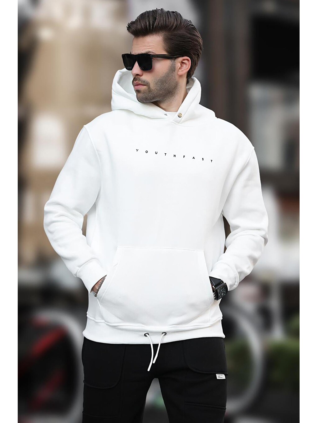 Ekru Kapüşonlu Baskılı Erkek Sweatshirt 7077-1