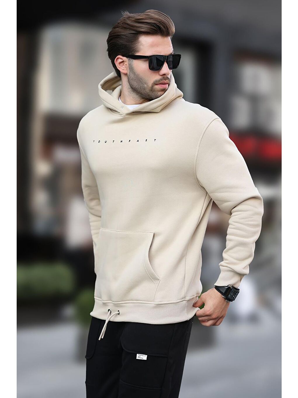 Bej Kapüşonlu Baskılı Erkek Sweatshirt 7077