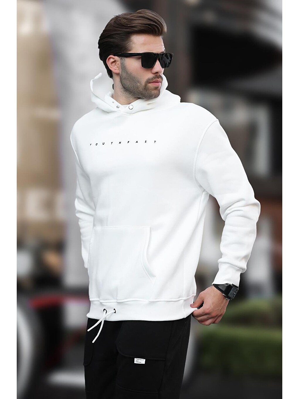 Ekru Kapüşonlu Baskılı Erkek Sweatshirt 7077-2
