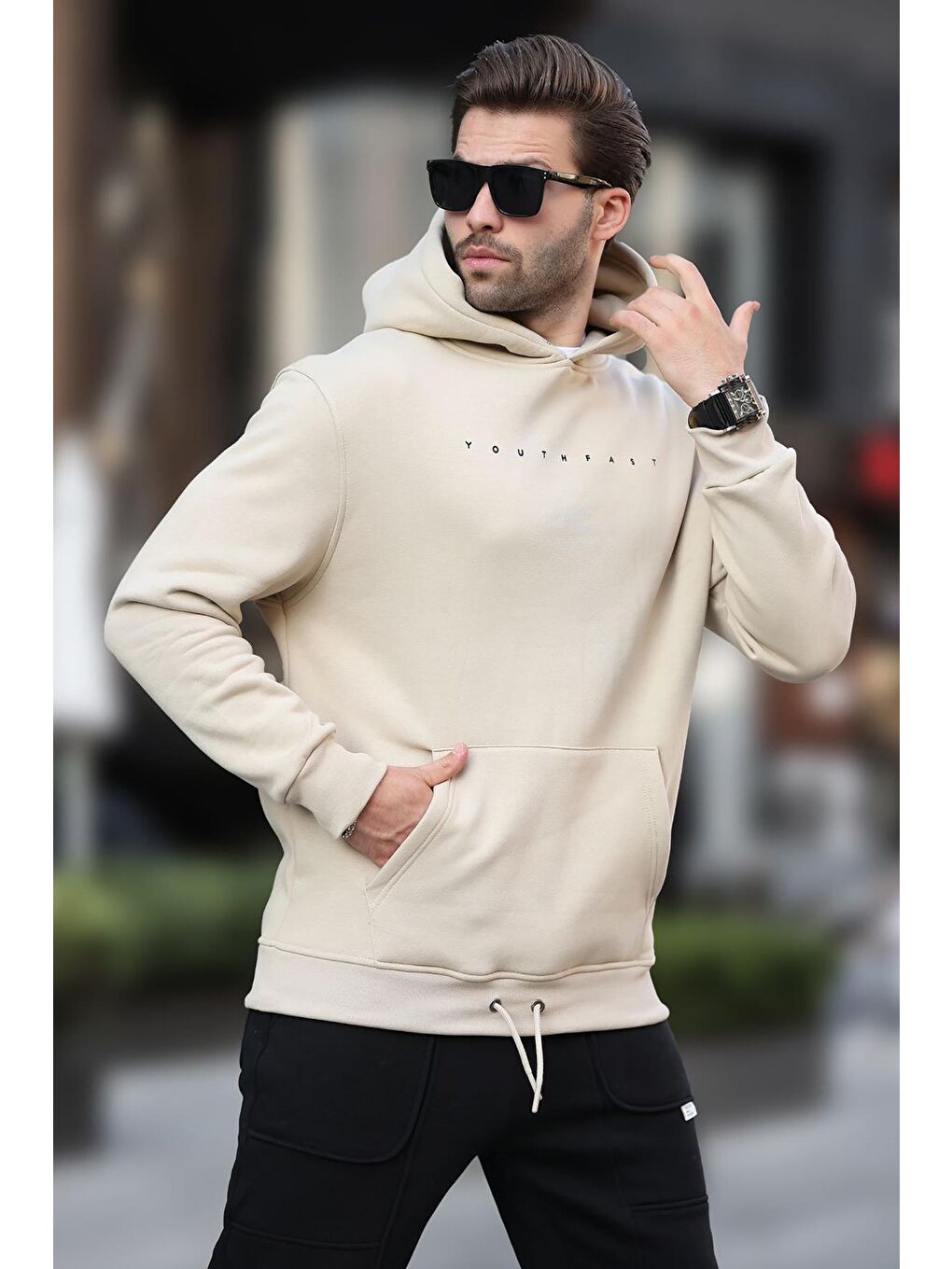 Bej Kapüşonlu Baskılı Erkek Sweatshirt 7077-1