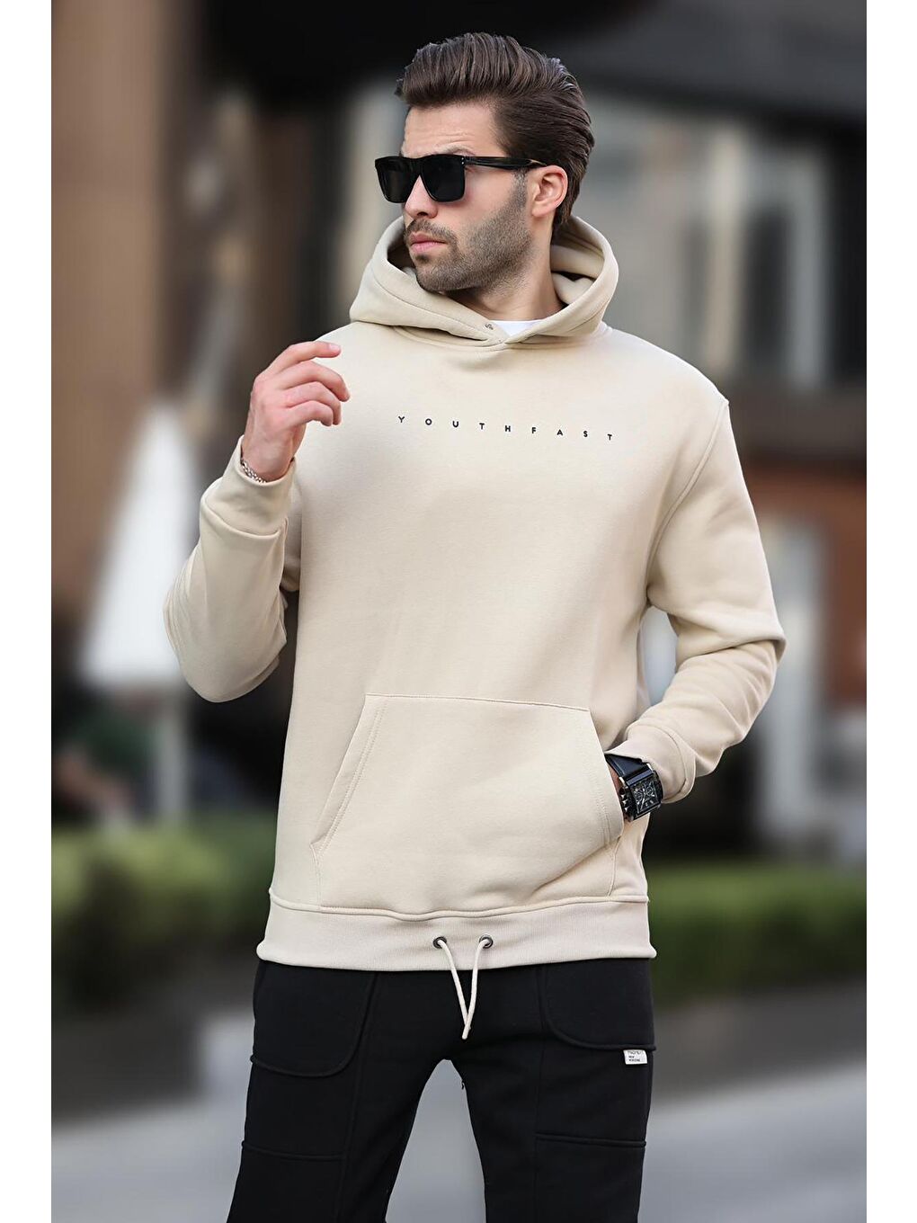 Bej Kapüşonlu Baskılı Erkek Sweatshirt 7077-2