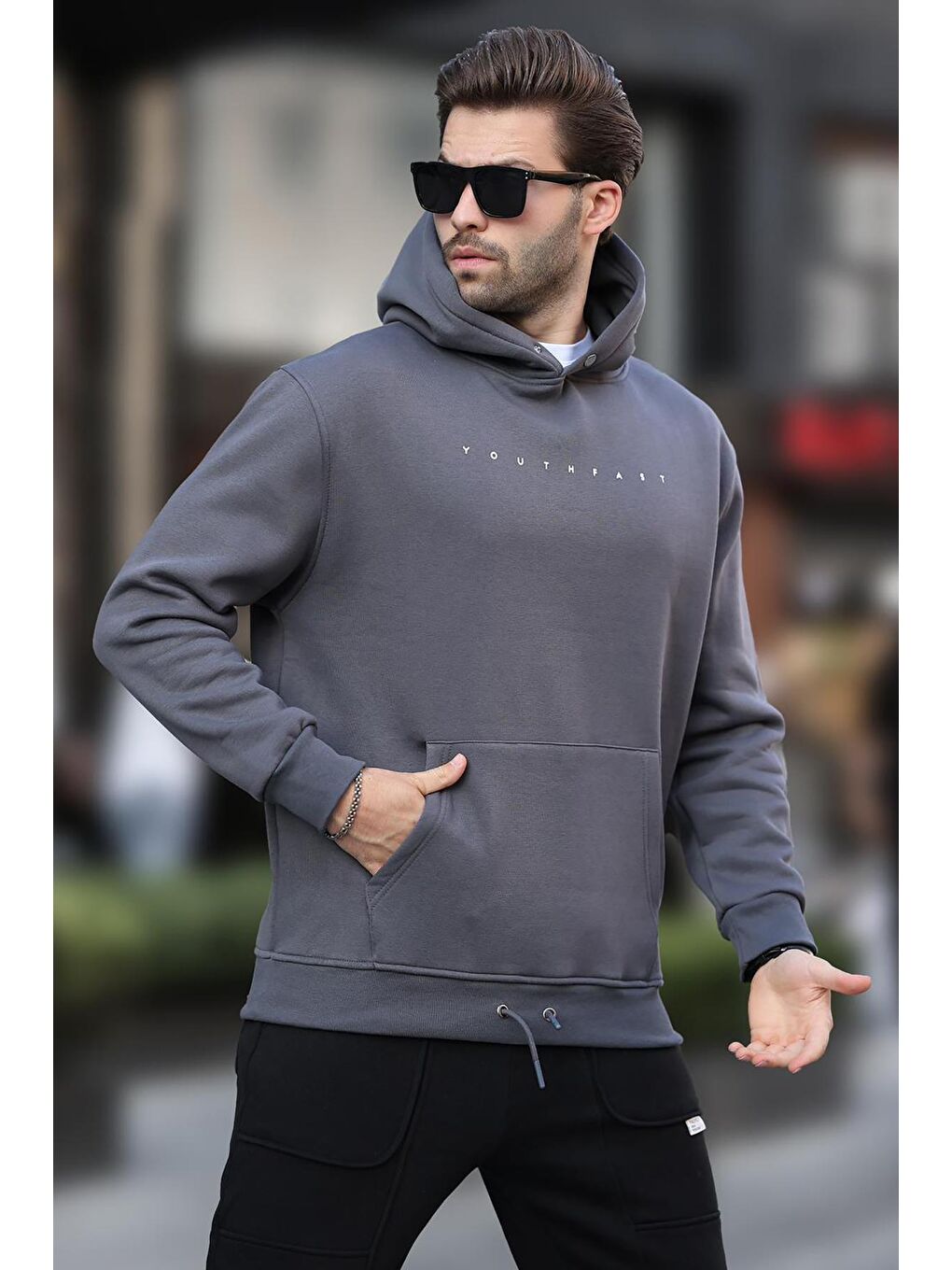 Gri Füme Kapüşonlu Baskılı Erkek Sweatshirt 7077-1