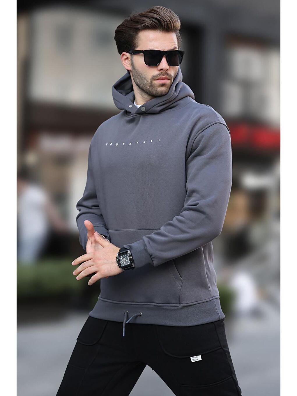 Gri Füme Kapüşonlu Baskılı Erkek Sweatshirt 7077-2