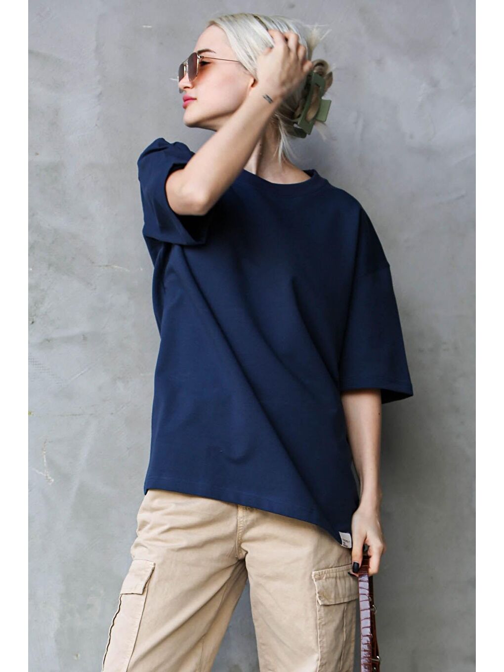 Lacivert Bisiklet Yaka Basic Oversize Tişört Mg1687