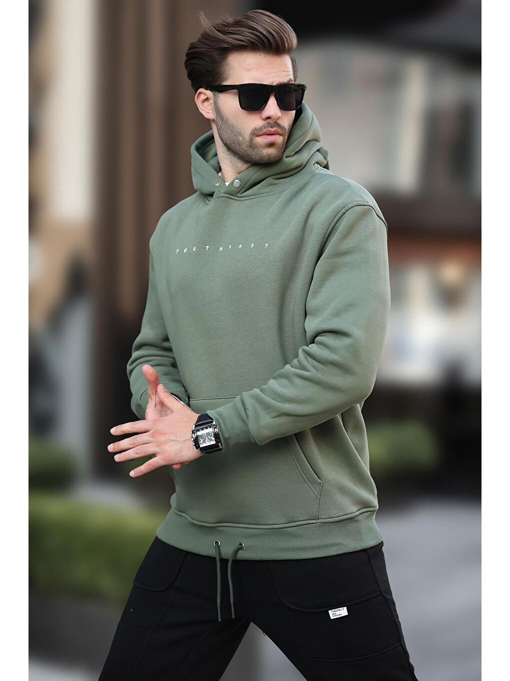 Haki Kapüşonlu Baskılı Erkek Sweatshirt 7077-1