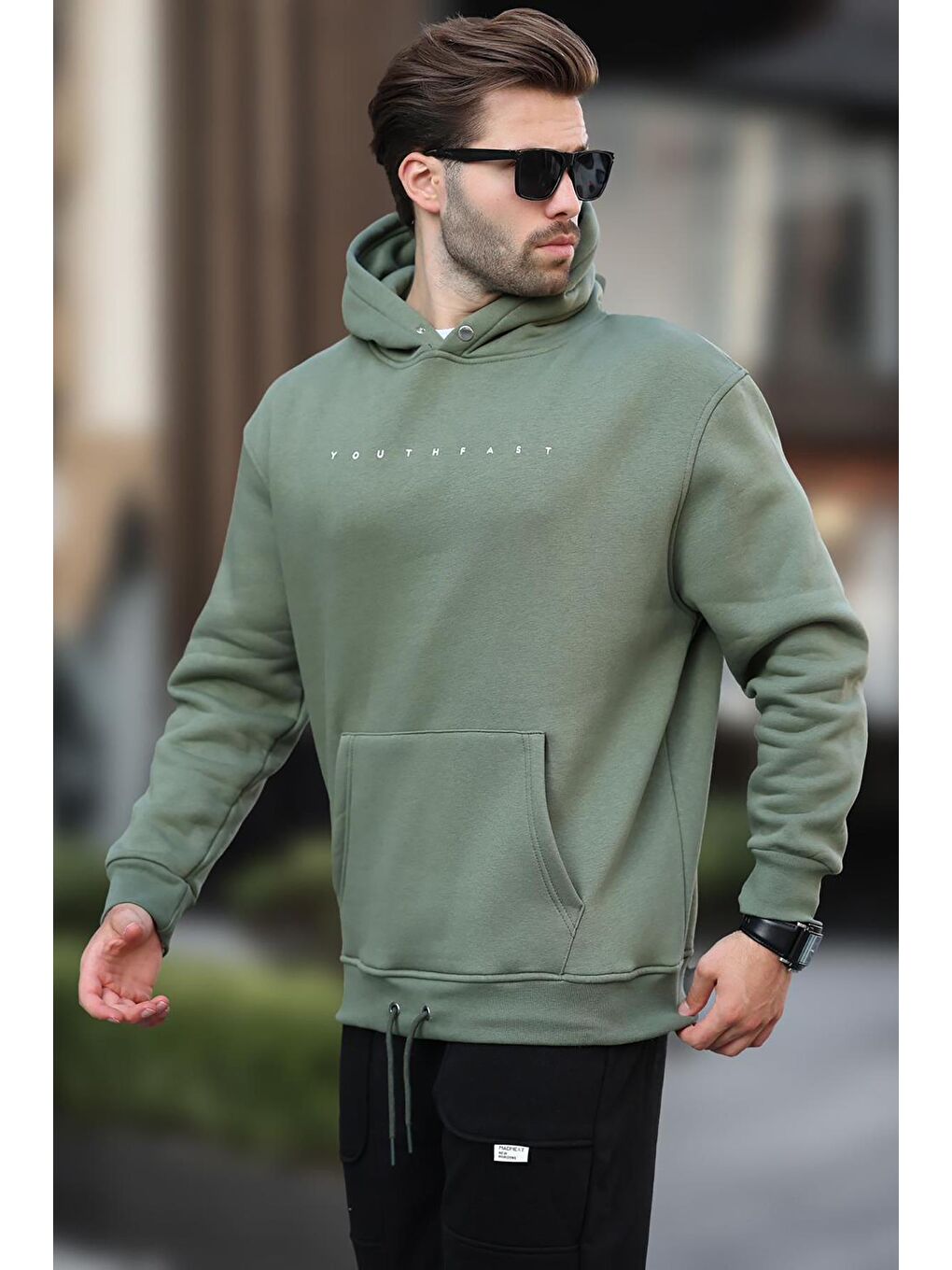 Haki Kapüşonlu Baskılı Erkek Sweatshirt 7077-2