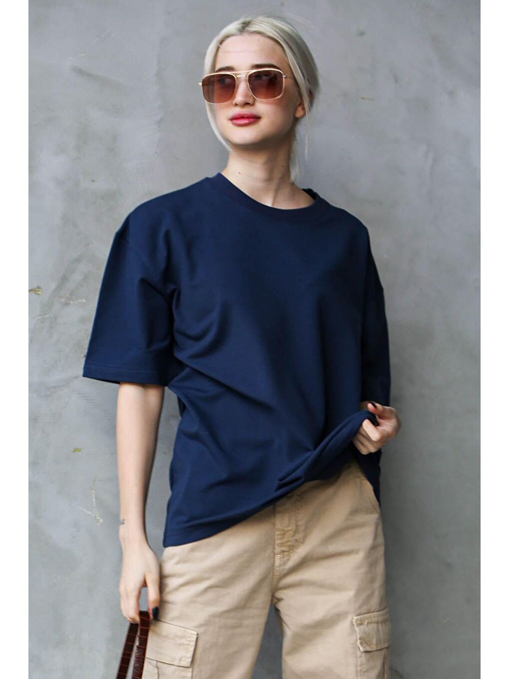 Lacivert Bisiklet Yaka Basic Oversize Tişört Mg1687-1