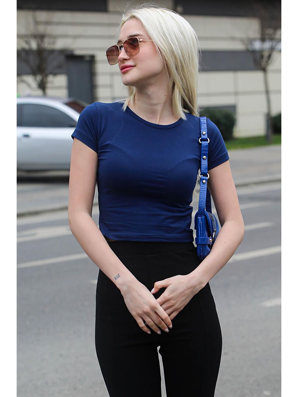 Lacivert Basic Kadın Tişört / Vücuda Oturan Kesim Mg1681-1