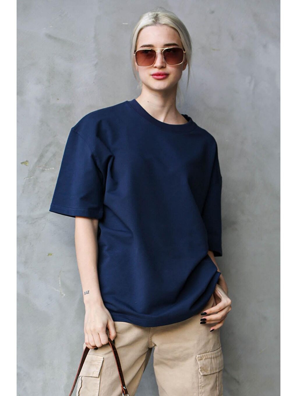 Lacivert Bisiklet Yaka Basic Oversize Tişört Mg1687-2