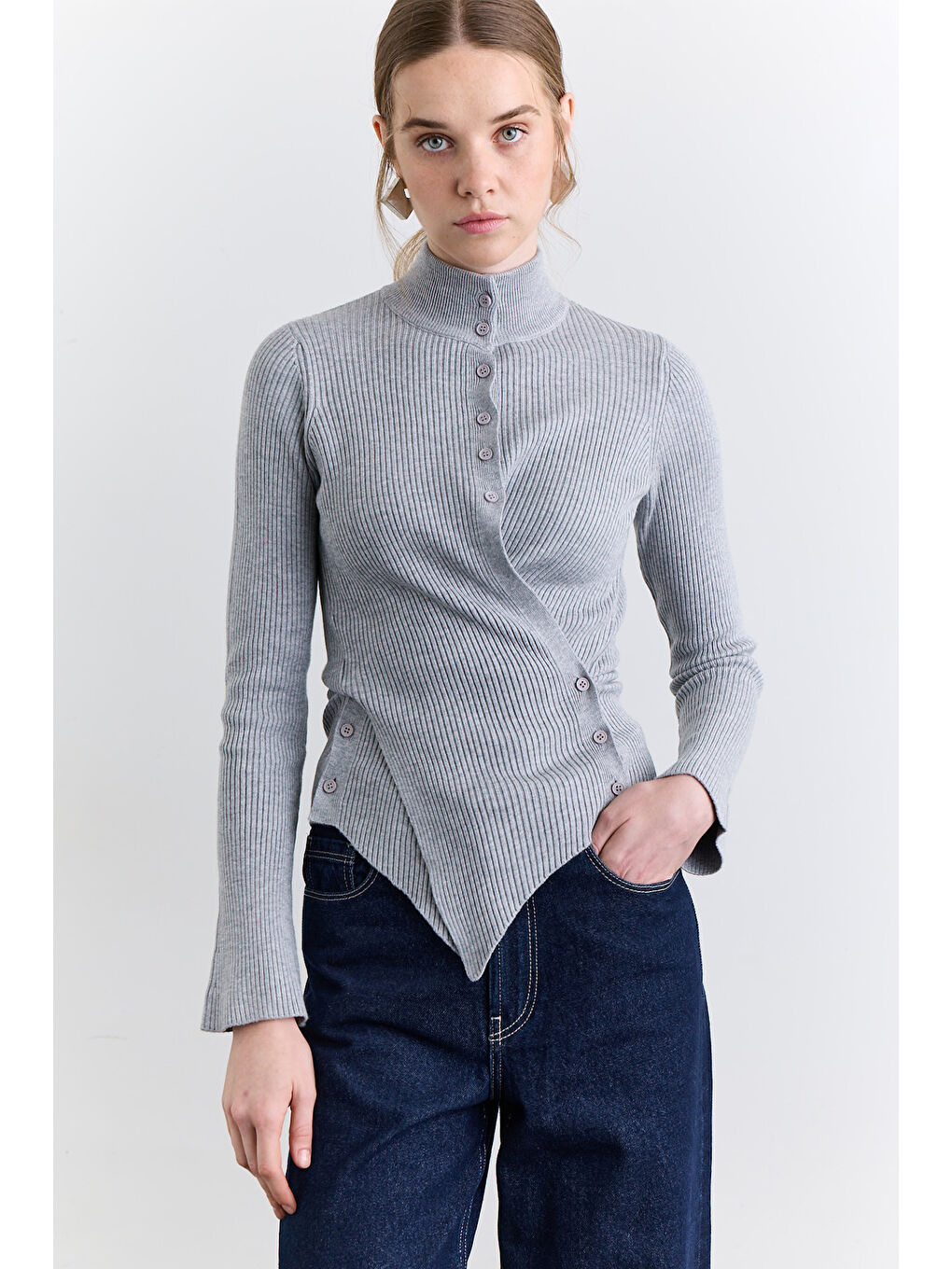 Çapraz Kapamalı Hırka Gri